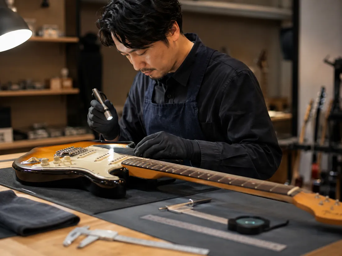 工房でギターを点検するだるま楽器のスタッフ