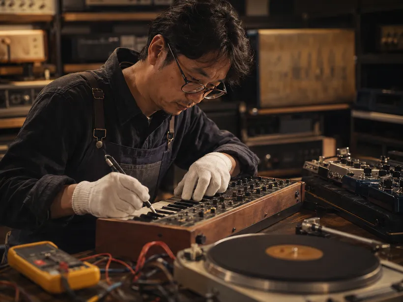 工房でシンセサイザーを点検するだるま楽器のスタッフ